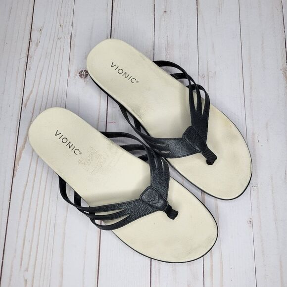 Vionic Alta Women's Black Leather Toe Post Orthotic Sandals - Picture 1 of 3